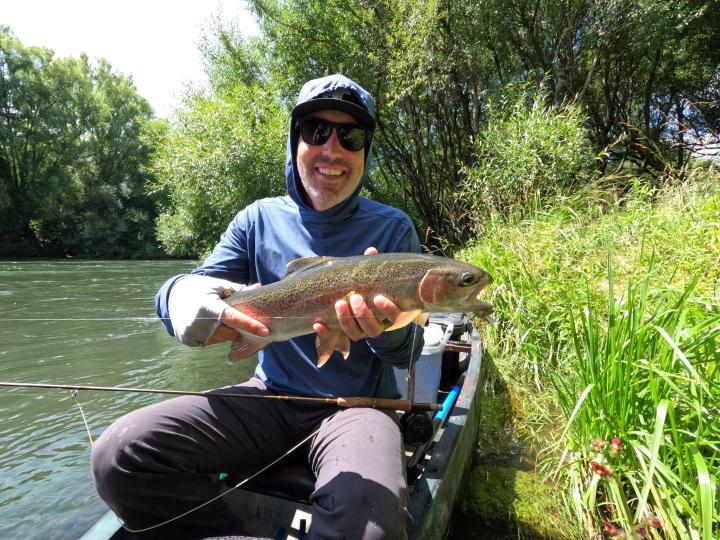 Rainbow on an olive deer hair cicada with rubber legs