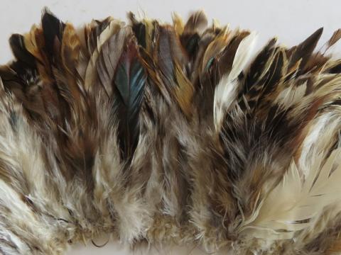Brown and Cream Strung Schlappen Feathers Closeup
