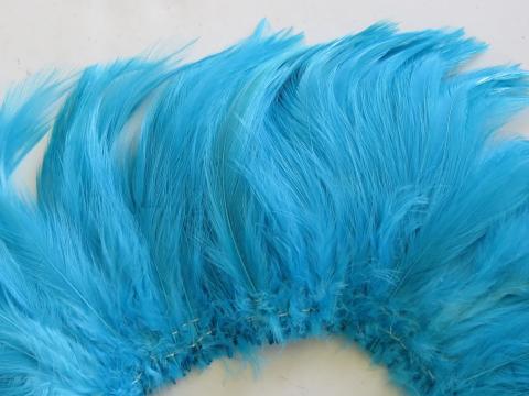 Aqua rooster hackle strung closeup